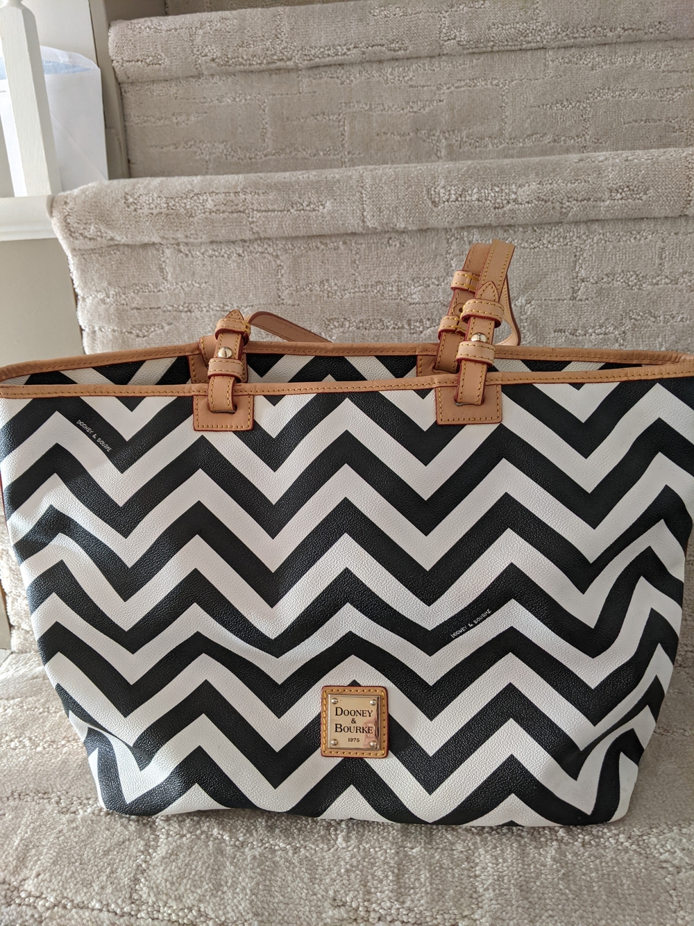 Dooney & Bourke Black and White Chevron Tote with Tan Trim